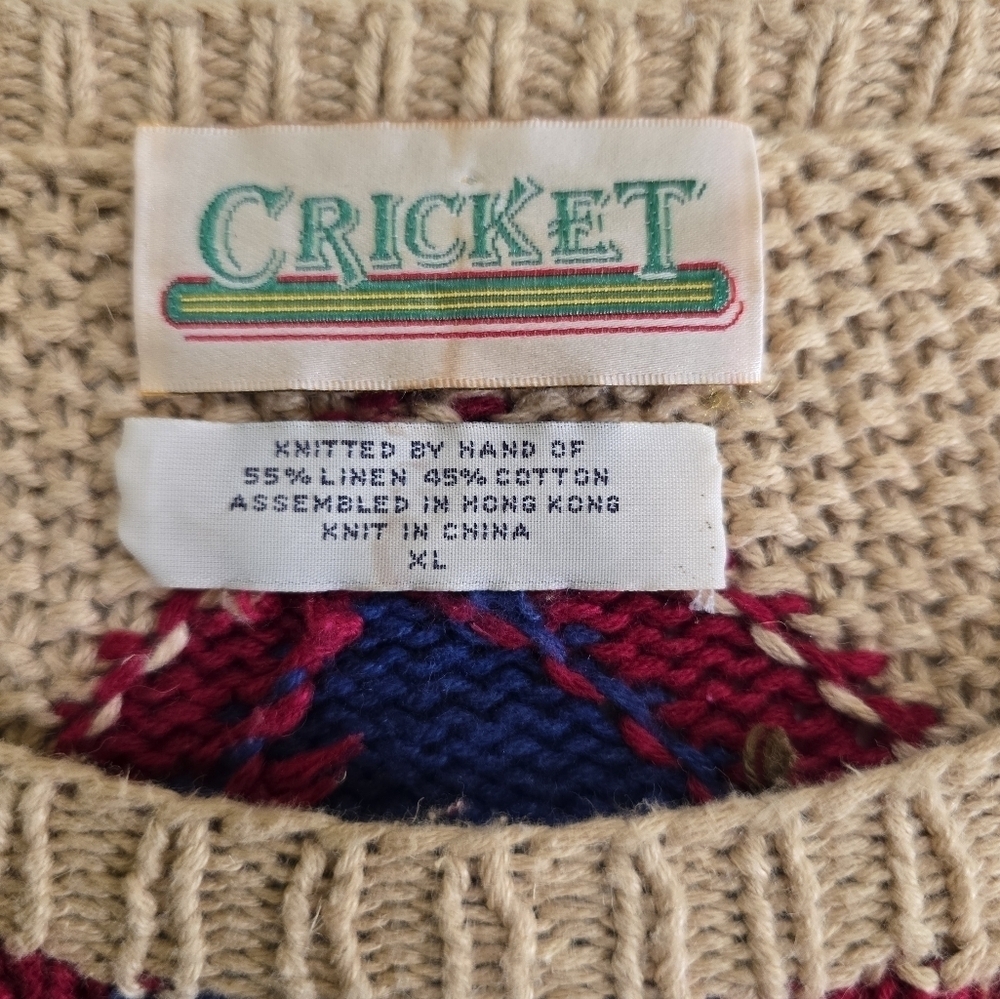 Vintage 90s Cricket Multicolor Designed Linen Cotton Blend Sweater XL Crewneck - Picture 4 of 4